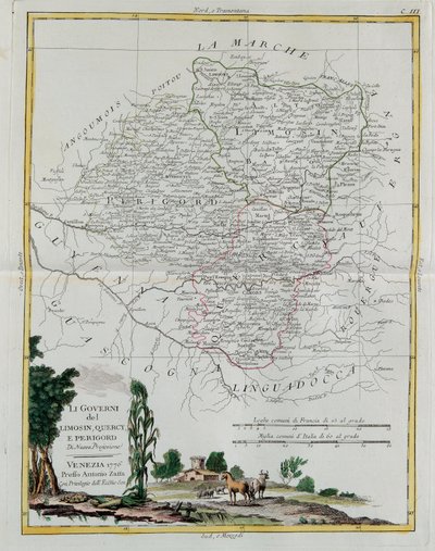 Governanze di Limosino, Quercy e Perigord, incisione di G. Zuliani tratta dal Tomo I del Nuovissimo Atlante pubblicato a Venezia nel 1776 da Antonio Zatta, Collezione Privata da G. Zuliani