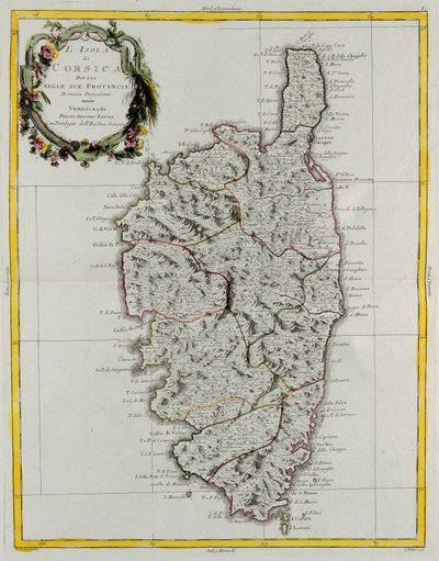Isola di Corsica divisa nelle sue province, incisione di G. Zuliani tratta dal Tomo II del "Nuovo Atlante" pubblicato a Venezia nel 1782 da Antonio Zatta, Collezione Privata da G. Zuliani