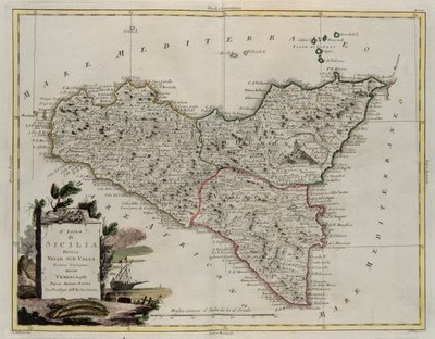 Isola di Sicilia, divisa nelle sue valli, incisione di G. Zuliani tratta dal Tomo II del Nuovissimo Atlante pubblicato a Venezia nel 1782 da Antonio Zatta, Collezione Privata da G. Zuliani