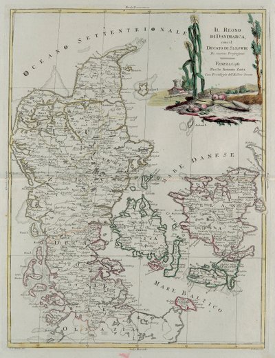Regno di Danimarca con il Ducato di Slesvik, incisione di G. Zuliani tratta dal Tomo III del "Novissimo Atlante" pubblicato a Venezia nel 1781 da Antonio Zatta, Collezione Privata da G. Zuliani