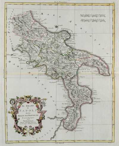 Regno di Napoli diviso nelle sue province, incisione di G. Zuliani tratta dal Tome II del "Nuovissimo Atlante" pubblicato a Venezia nel 1781 da Antonio Zatta, Collezione Privata da G. Zuliani