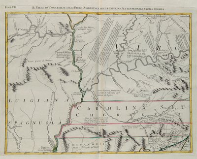 Terra dei Cherokee con la parte occidentale della Carolina del Nord e della Virginia, incisione di G. Zuliani tratta dal Tomo I del "Nuovo Atlante" pubblicato a Venezia nel 1778 da Antonio Zatta, Collezione Privata da G. Zuliani