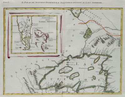 Terra degli Indiani Ottawa e Kilistine intorno al Lago Superiore e un supplemento della Florida orientale, incisione di G. Zuliani tratta dal Tomo I del "Novissimo Atlante" pubblicato a Venezia nel 1778 da Antonio Zatta, Collezione Privata da G. Zuliani