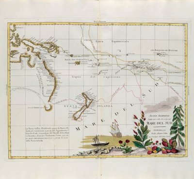 Nuove scoperte fatte nel 1775, 67 e 69 nei Mari del Sud, incisione di G. Zuliani tratta dal Tomo I del Nuovo Atlante pubblicato a Venezia nel 1776 da Antonio Zatta, Collezione Privata da G. Zuliani