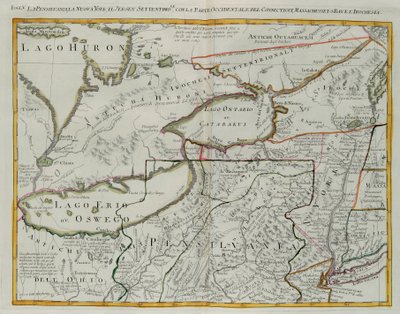 Pennsylvania, New York, sud del New Jersey, con la parte occidentale del Connecticut, Massachusetts Bay e Terra degli Irochesi, incisione di G. Zuliani tratta dal Tomo I del "Nuovissimo Atlante" pubblicato a Venezia nel 1778 da Antonio Zatta, Collezione Pr da G. Zuliani