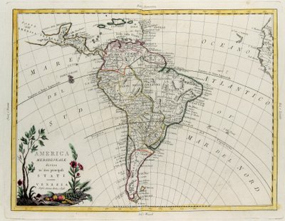 America del Sud divisa nei suoi principali Stati, incisione di G. Zuliani tratta dal Tomo IV del "Nuovissimo Atlante" pubblicato a Venezia da Antonio Zatta, Collezione Privata da G. Zuliani