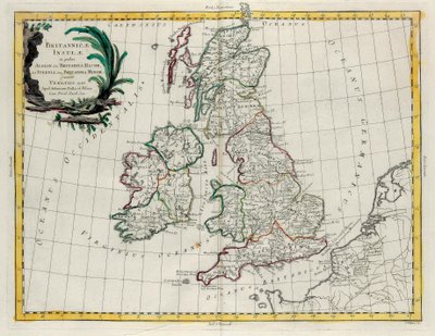 Le Isole Britanniche in cui si trovano Albion o Gran Bretagna e Ivernia o Piccola Bretagna, incisione di G. Zuliani tratta dal Tomo I del Nuovissimo Atlante pubblicato a Venezia nel 1785 da Antonio Zatta da G. Zuliani