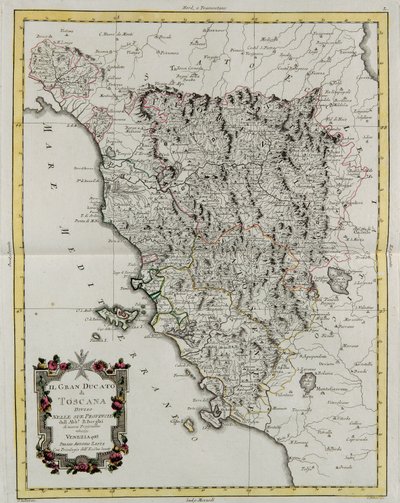 Il Granducato di Toscana diviso nelle sue province, incisione di G. Zuliani tratta dal Tome II del "Nuovissimo Atlante" pubblicato a Venezia nel 1783 da Antonio Zatta, Collezione Privata da G. Zuliani