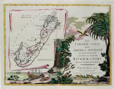 Le Isole Bermuda e il frontespizio della sezione dedicata alle Colonie Unite del Nord America, incisione di G. Zuliani tratta dal Tomo I del "Novissimo Atlante" pubblicato a Venezia nel 1778 da Antonio Zatta, Collezione Privata da G. Zuliani