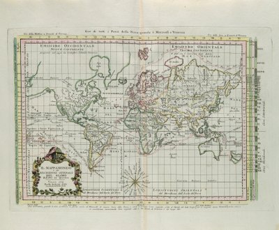 Mappa del mondo e una descrizione generale del globo, ridotta a immagine, incisione di G. Zuliani tratta dal Tomo I del "Nuovissimo Atlante" pubblicato a Venezia nel 1774 da Antonio Zatta da G. Zuliani