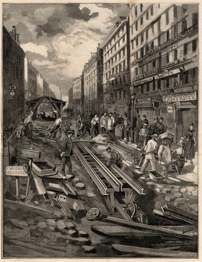 La funicolare di Belleville, posa dei binari, rue de Belleville nel 1894. Incisione dal disegno di M.G. de Burgrraff. In 