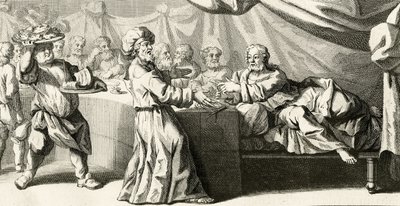 Gesù invitato a cena con il fariseo, illustrazione dal Vangelo di San Luca, capitolo 11:37, 1728 da Gabriel Francois Louis Debrie