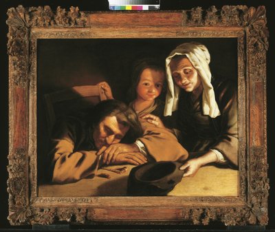 Interno illuminato da candele con figure intorno a un tavolo da Gabriel Gresly
