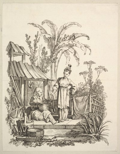 Un uomo cinese seduto e una donna che porta un pesce, ca. 1742 da Gabriel Huquier