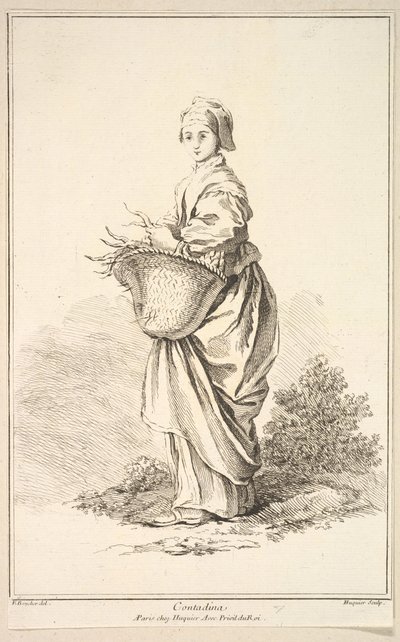 Contadina, da Recueil de diverses figures étrangères Inventées par F. Boucher P...., 18° secolo da Gabriel Huquier