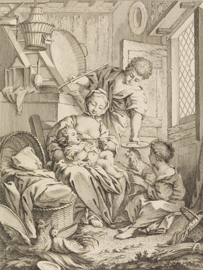 Tavola 1: Giovane donna che allatta il suo bambino, da Premier Livre de Sujets et Pastorales Fi..., 1720-72 da Gabriel Huquier