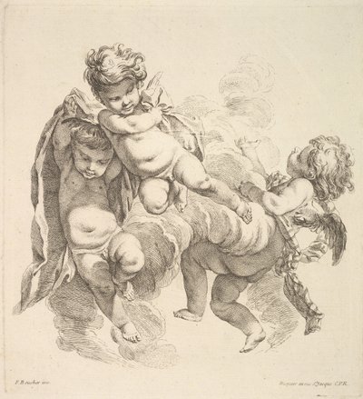 Tre bambini tra le nuvole che portano un drappo, 1738-45 da Gabriel Huquier