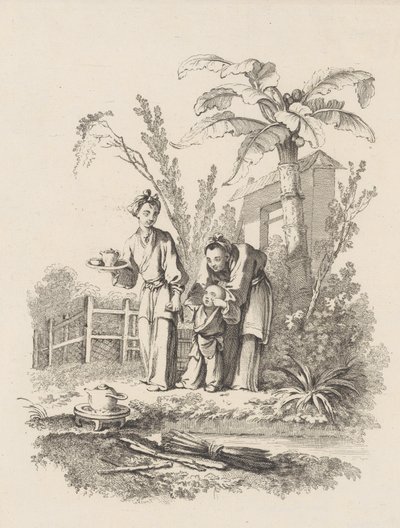 Due Donne che Conducono un Bambino verso una Teiera su un Tavolo vicino a uno Stagno, ca. 1742 da Gabriel Huquier