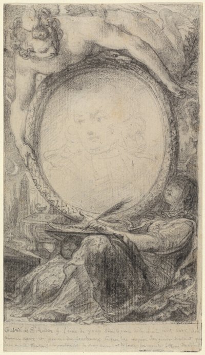 Cornice allegorica con un genio e una donna velata che scrive da Gabriel Jacques de Saint Aubin