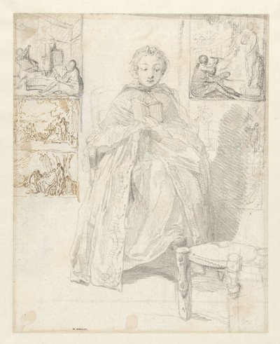 Foglio di studio con una donna che legge e alcuni schizzi da Gabriel Jacques de Saint Aubin
