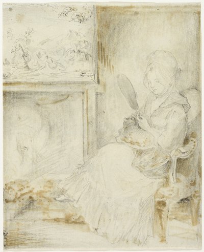 Donna seduta che tiene un gatto sulle ginocchia da Gabriel Jacques de Saint Aubin