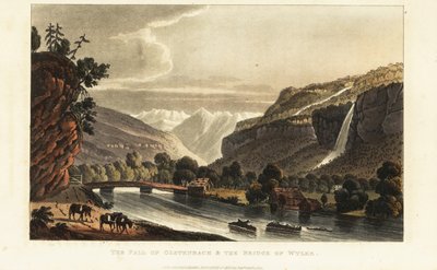 Vista dei ghiacciai; alpi; cascata e ponte sul Gadmerwasser a Wiler; Alpi Bernesi, Svizzera da Gabriel Ludwig (after) Lory