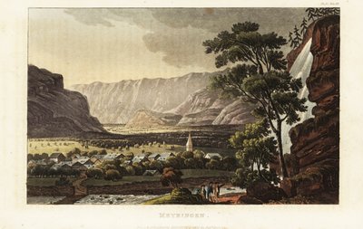 Veduta della città di Meiringen e delle cascate di Reichenbach, Canton Berna, Svizzera da Gabriel Ludwig (after) Lory