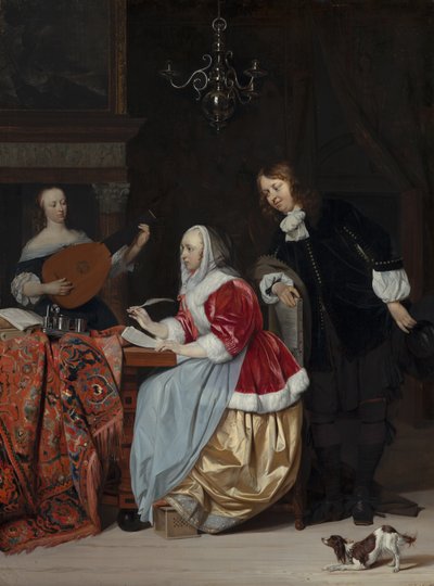 Una giovane donna che compone un pezzo di musica da Gabriel Metsu