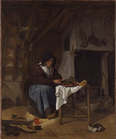 Donna anziana a tavola in un interno da Gabriel Metsu