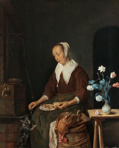 Donna che mangia, conosciuta come "La colazione del gatto", c.1661-64 da Gabriel Metsu