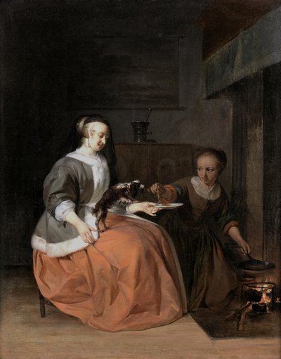 Giovane donna e serva che danno da mangiare una frittella a un cane da Gabriel Metsu