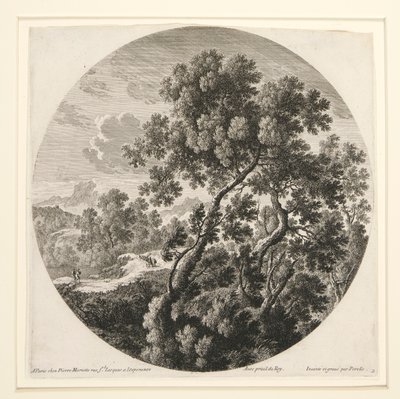 Paesaggio con due viaggiatori e un castello; e pastore, pecore e bovini in un paesaggio, da una serie di sei paesaggi da Gabriel Perelle