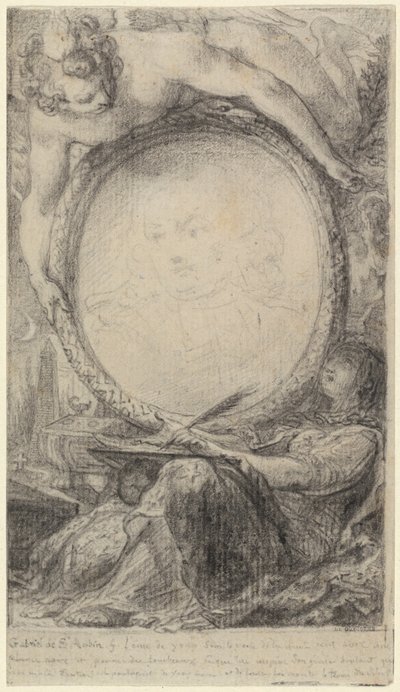 Cornice allegorica con un genio e una donna velata che scrive, 1769 circa (gesso nero su carta) da Gabriel de Saint-Aubin