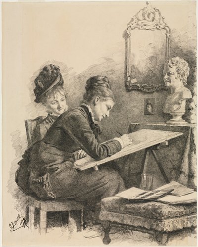 Due Donne che Disegnano una Scultura, 1878 da Gabriel von Hackl
