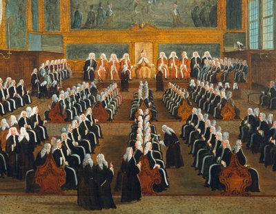 Consiglio dei Pregadi, olio su tela, 96x149 cm da Gabriele Bella