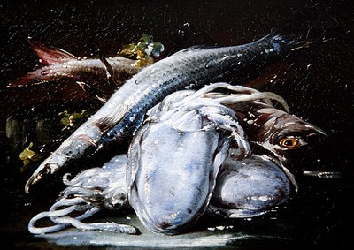 Calamari, cefali grigi e triglie rosse su un ripiano di pietra da Gaetano Cusati