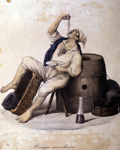 Napoletano che mangia maccheroni. Litografia di Dura da Gaetano Dura