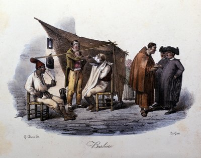 Piccolo mestiere della città di Napoli: un barbiere ambulante che chiacchiera per strada. Litografia di G. Dura da Gaetano Dura