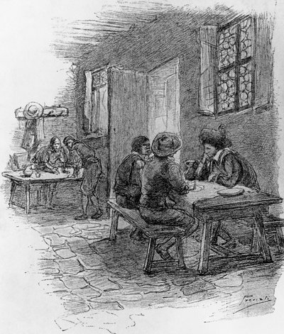Renzo, Tonio e Gervase alla locanda, Capitolo VII, illustrazione di Gaetano Previati (1852-1920) per I Promessi Sposi, romanzo storico di Alessandro Manzoni (1785-1873) da Gaetano Previati
