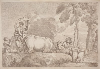 Una donna con due bambini a cavallo da Gaetano Zompini, after Giovanni Benedetto Castiglione