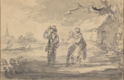 Paesaggio con tre figure, cottage e guglia della chiesa da Gainsborough Dupont