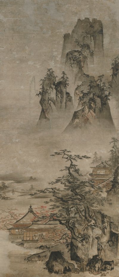 Paesaggio: montagne, torrente e case, periodo Muromachi, inizio XVI secolo da Gakuo Zokyu
