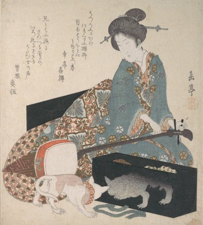 Donna che accorda uno shamisen e un gatto che guarda il proprio riflesso, metà degli anni 1820 da Gakutei