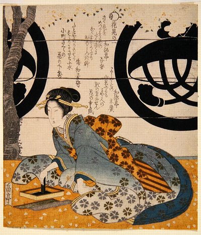 Bellezza che osserva i fiori (stampa a blocchi di legno a colori) da Gakutei Harunobu