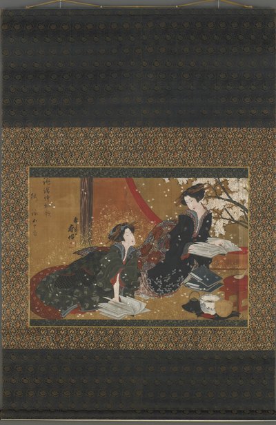 Due geisha che leggono da un libro, periodo Edo da Gakutei Harunobu