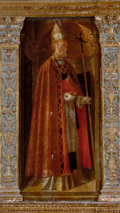 Polittico della Natività, pannelli laterali raffiguranti i Santi Pietro, Paolo, Clemente e Maddalena, dettaglio di San Clemente da Galeazzo and Aleni Tommaso fl.1505 15) Campi