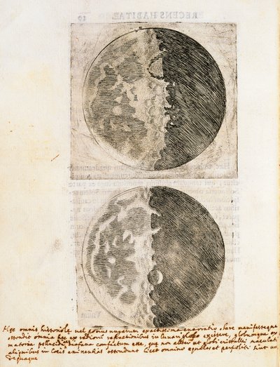 Sidereus Nuncius (Messaggero Stellare) con disegni delle fasi e della superficie della Luna da Galileo Galilei
