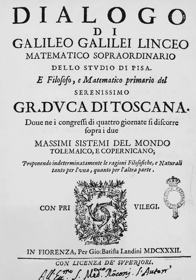 Pagina del titolo del Dialogo sopra i due massimi sistemi del mondo, tolemaico e copernicano, di Galileo Galilei, pubblicato a Firenze nel 1632 da Gian Battista Landini da Galileo Galilei