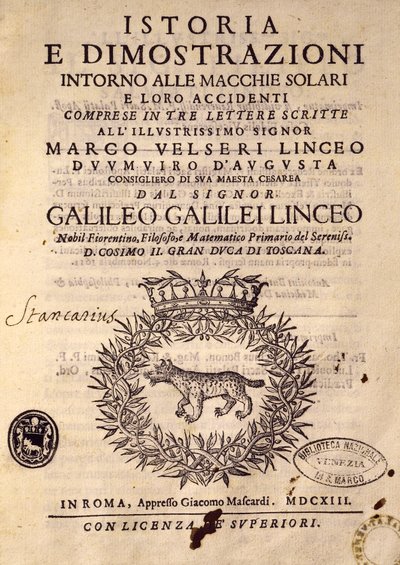 Pagina del titolo di Storia e dimostrazioni sui macchie solari e le loro proprietà da Galileo Galilei