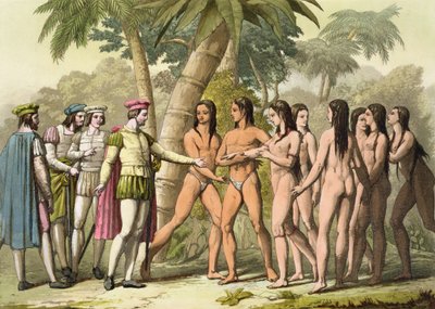 Cristoforo Colombo (1451-1506) con Hernando Cortes (1485-1547) che riceve una ragazza nativa americana come dono, da 
